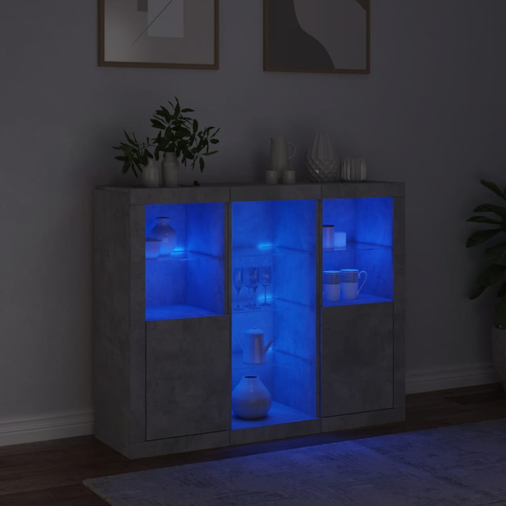 Sideboards mit LED-Leuchten, 3 Stück, graues Beton-Holzwerkstoff