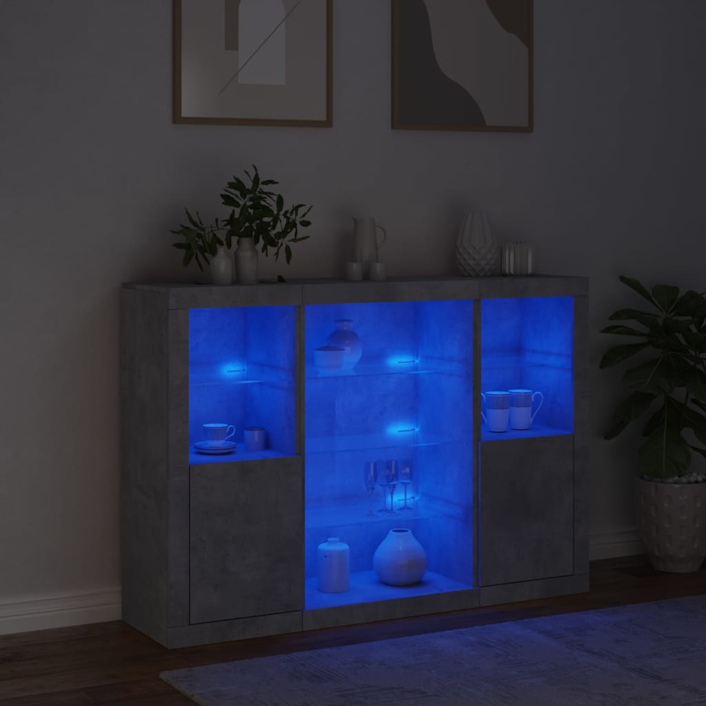 Sideboards mit LED-Leuchten, 3 Stück, graues Beton-Holzwerkstoff