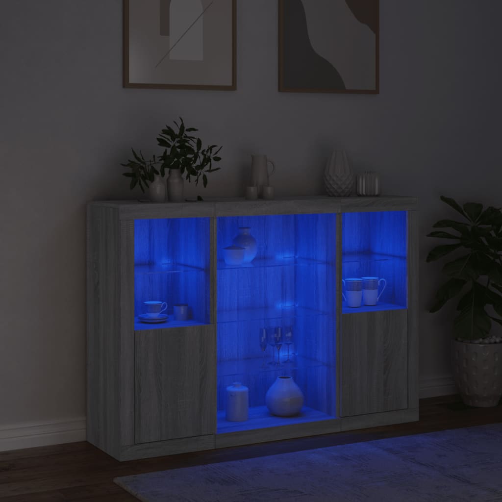 Buffets avec lumières LED 3 pcs sonoma gris bois d'ingénierie