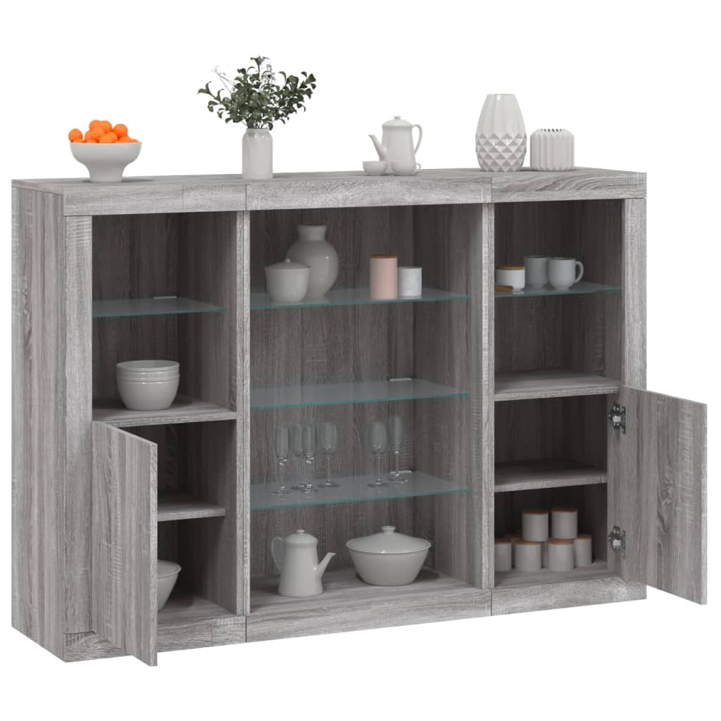 Buffets avec lumières LED 3 pcs sonoma gris bois d'ingénierie