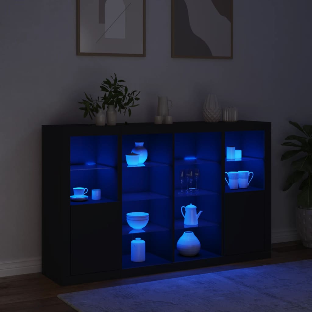 Buffets avec lumières LED 3 pcs noir bois d'ingénierie