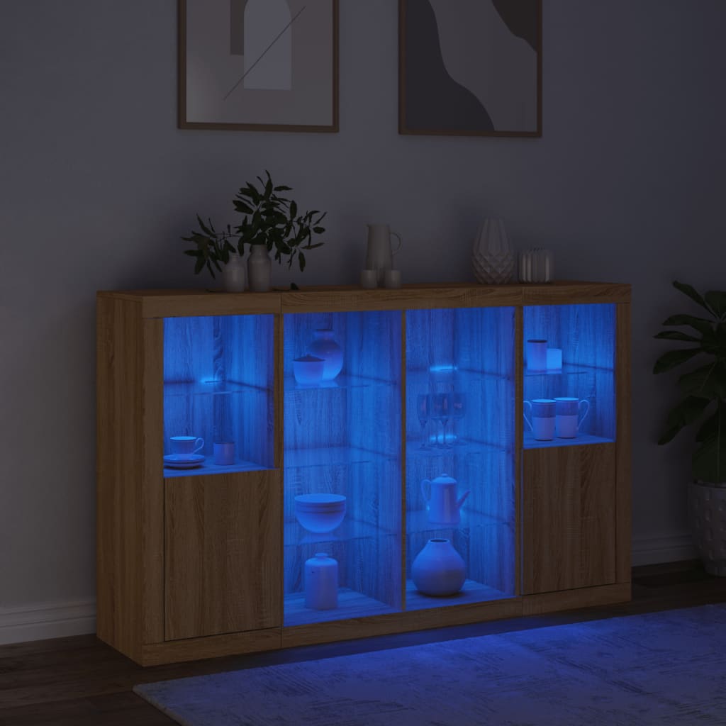 Sideboards mit LED-Beleuchtung, 3-teilig, Sonoma-Eiche, Holzwerkstoff