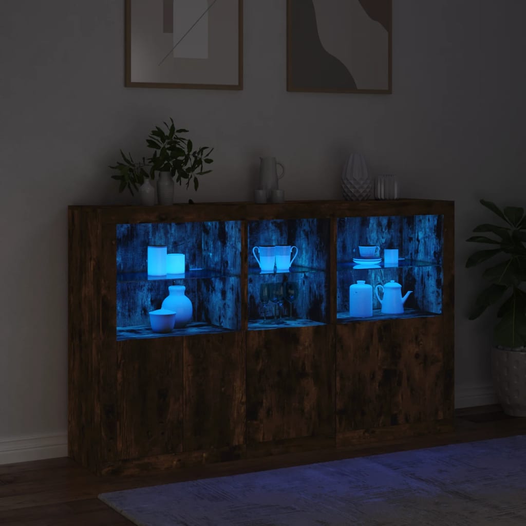 Buffet avec lumières LED chêne fumé 162x37x100 cm