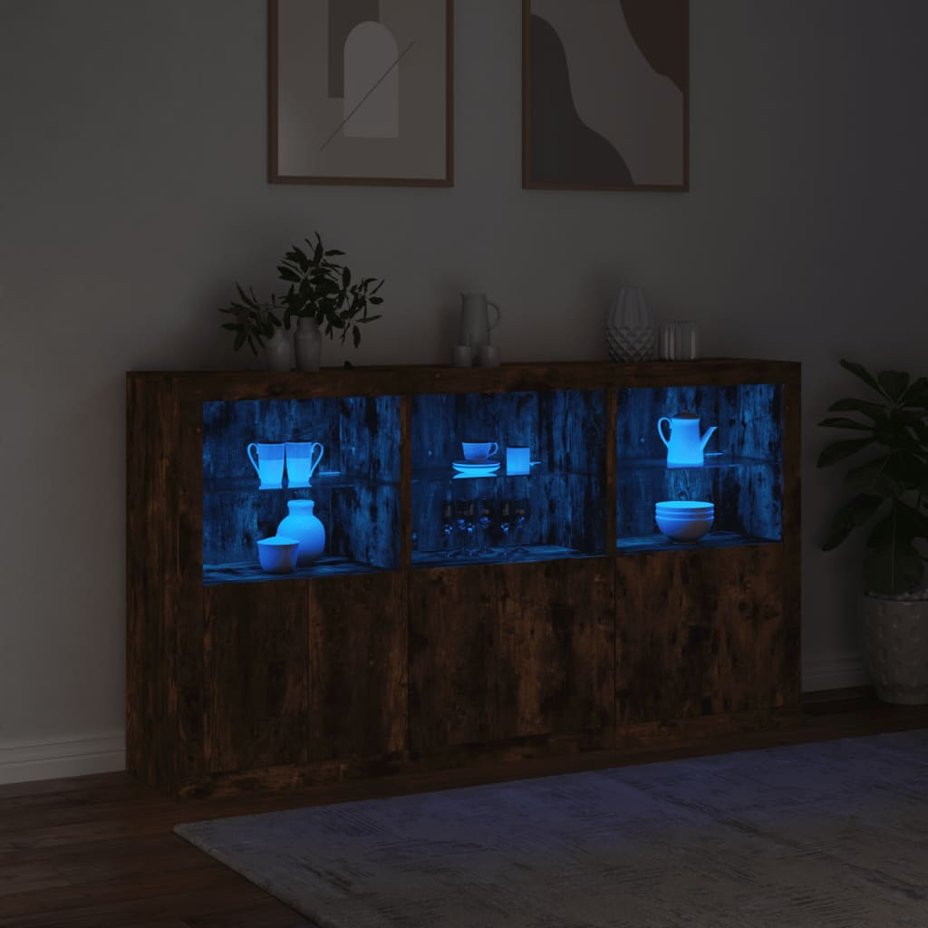 Buffet avec lumières LED chêne fumé 181,5x37x100 cm