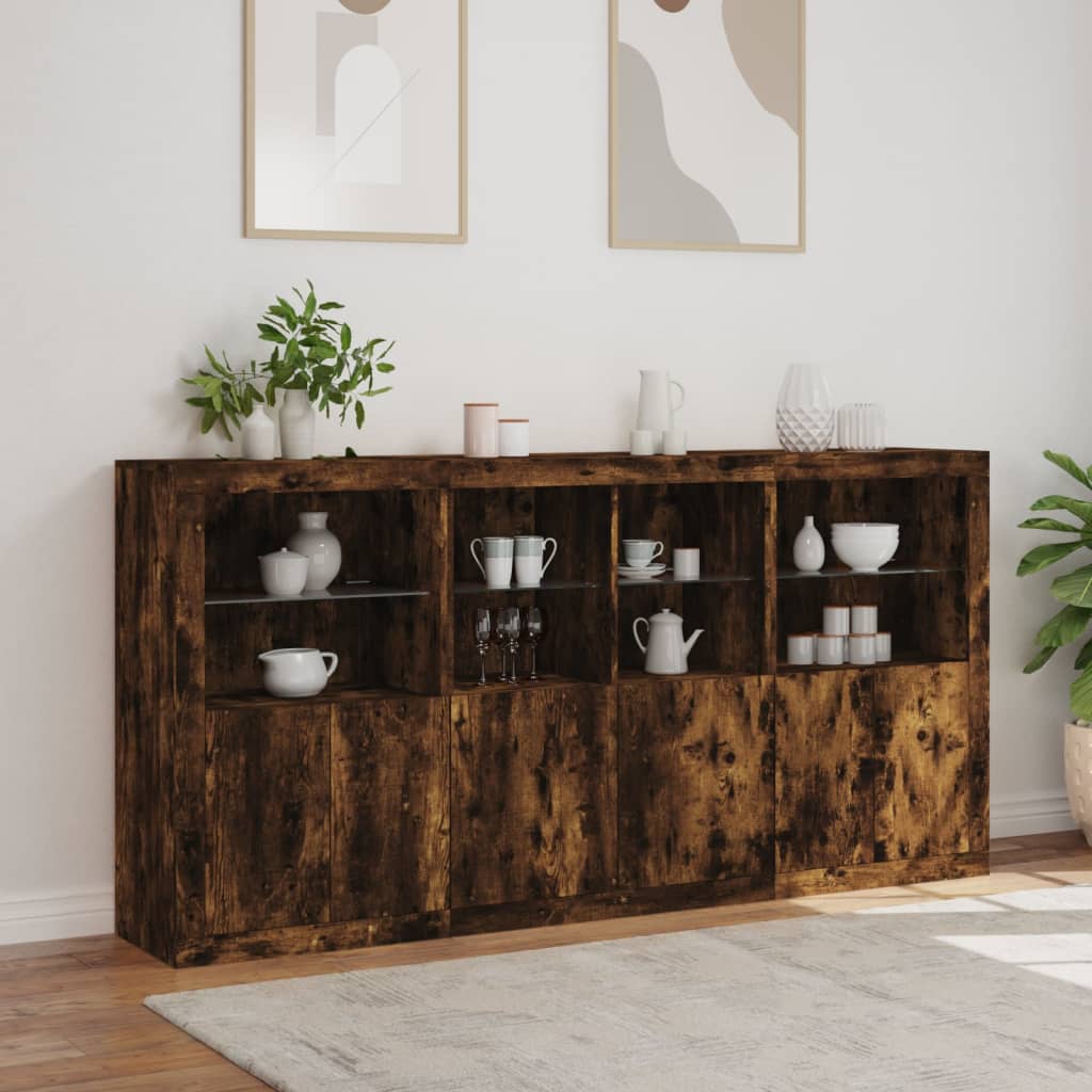 Sideboard mit LED-Leuchten, geräucherte Eiche, 202 x 37 x 100 cm