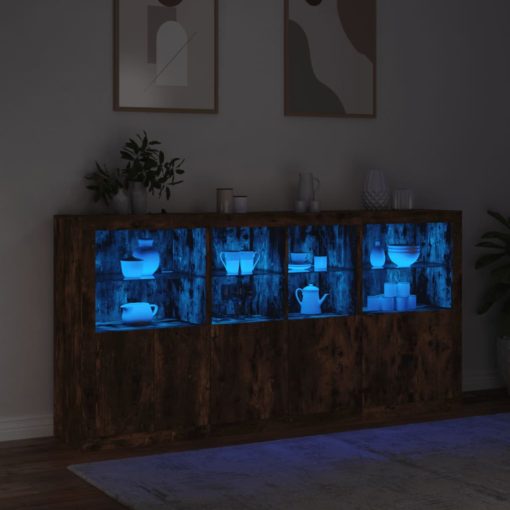 Sideboard mit LED-Leuchten, geräucherte Eiche, 202 x 37 x 100 cm