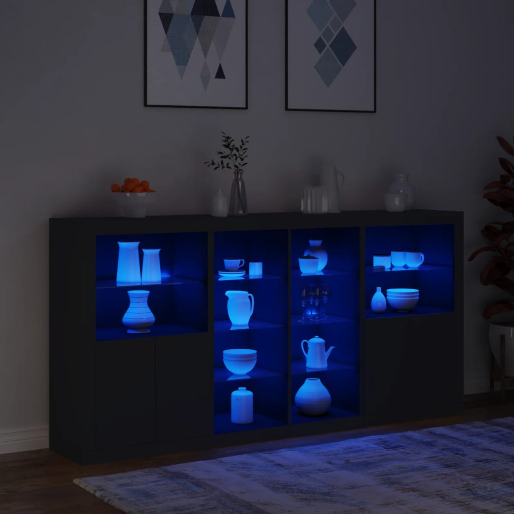 Buffet avec lumières LED noir 202x37x100 cm