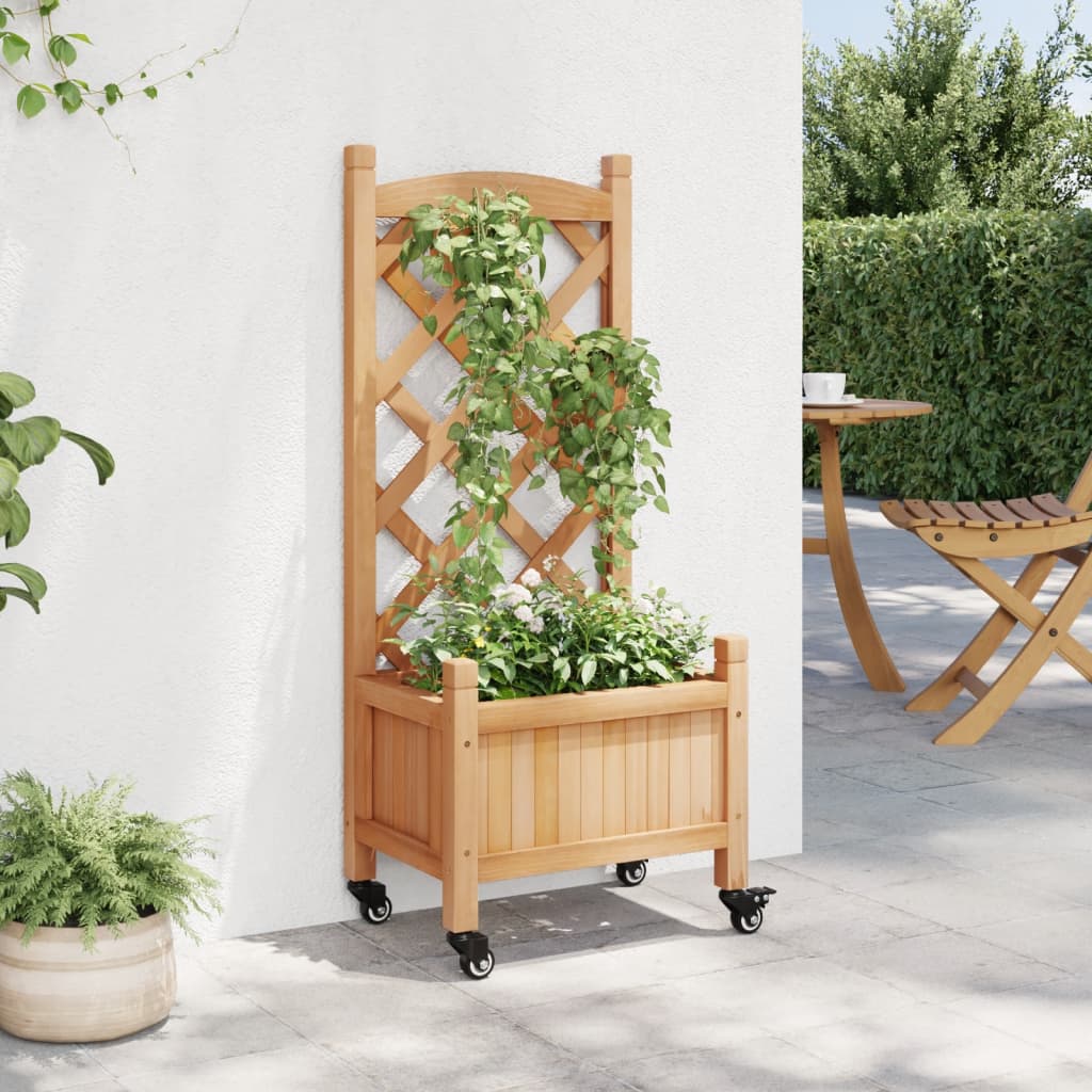 Planter with trellis and wheels brown solid fir wood