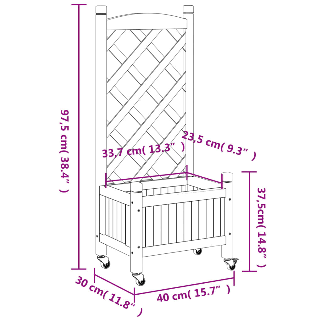 Planter with trellis and wheels brown solid fir wood