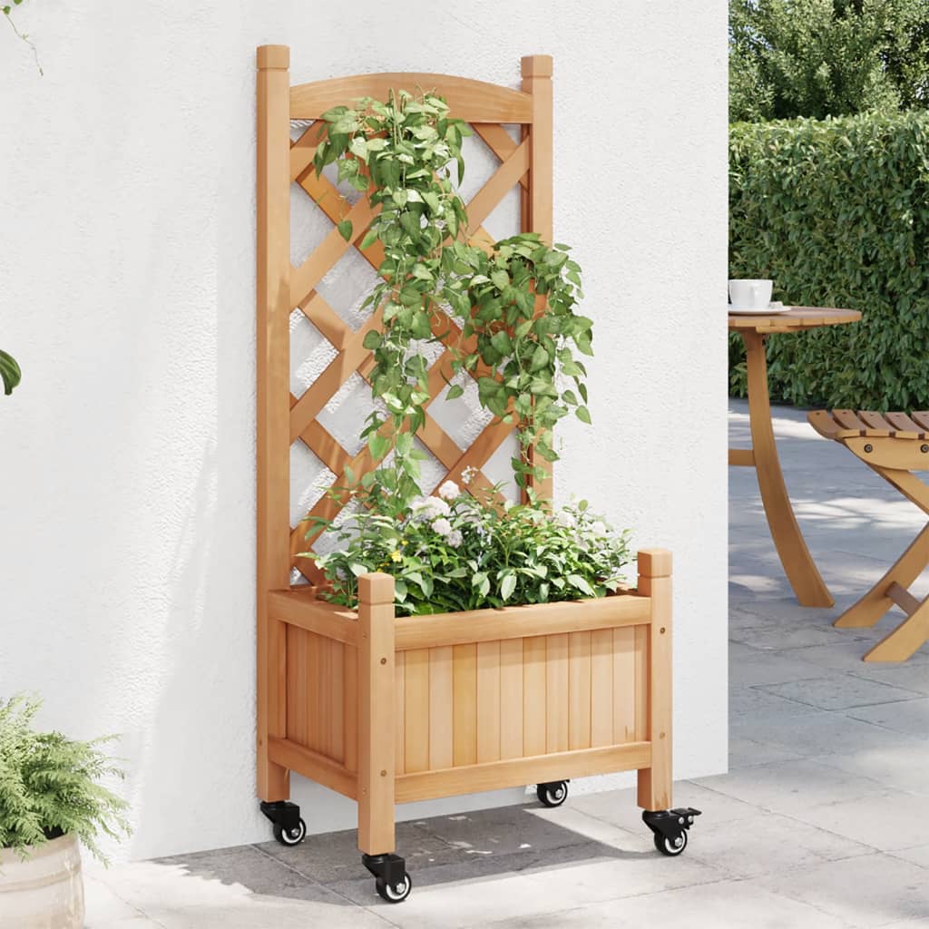 Planter with trellis and wheels brown solid fir wood