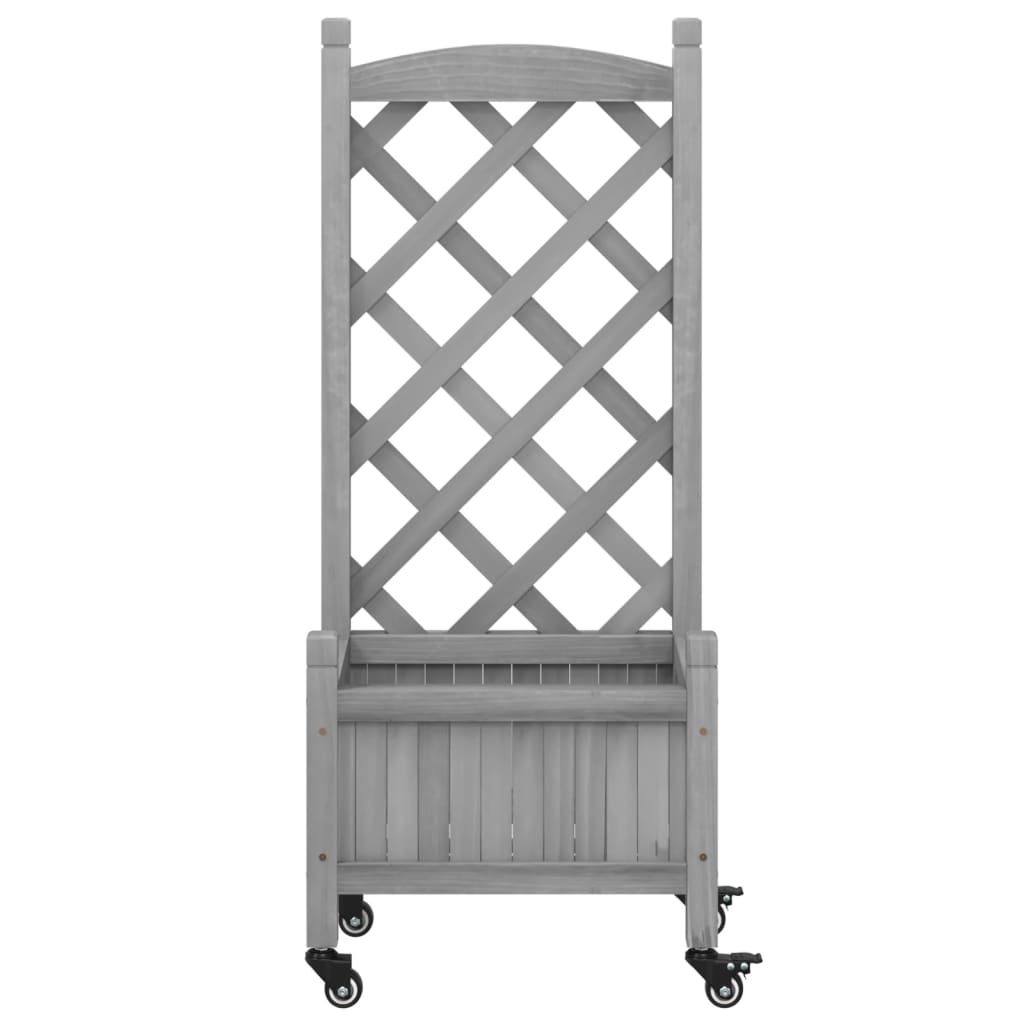 Planter with trellis and wheels gray solid fir wood