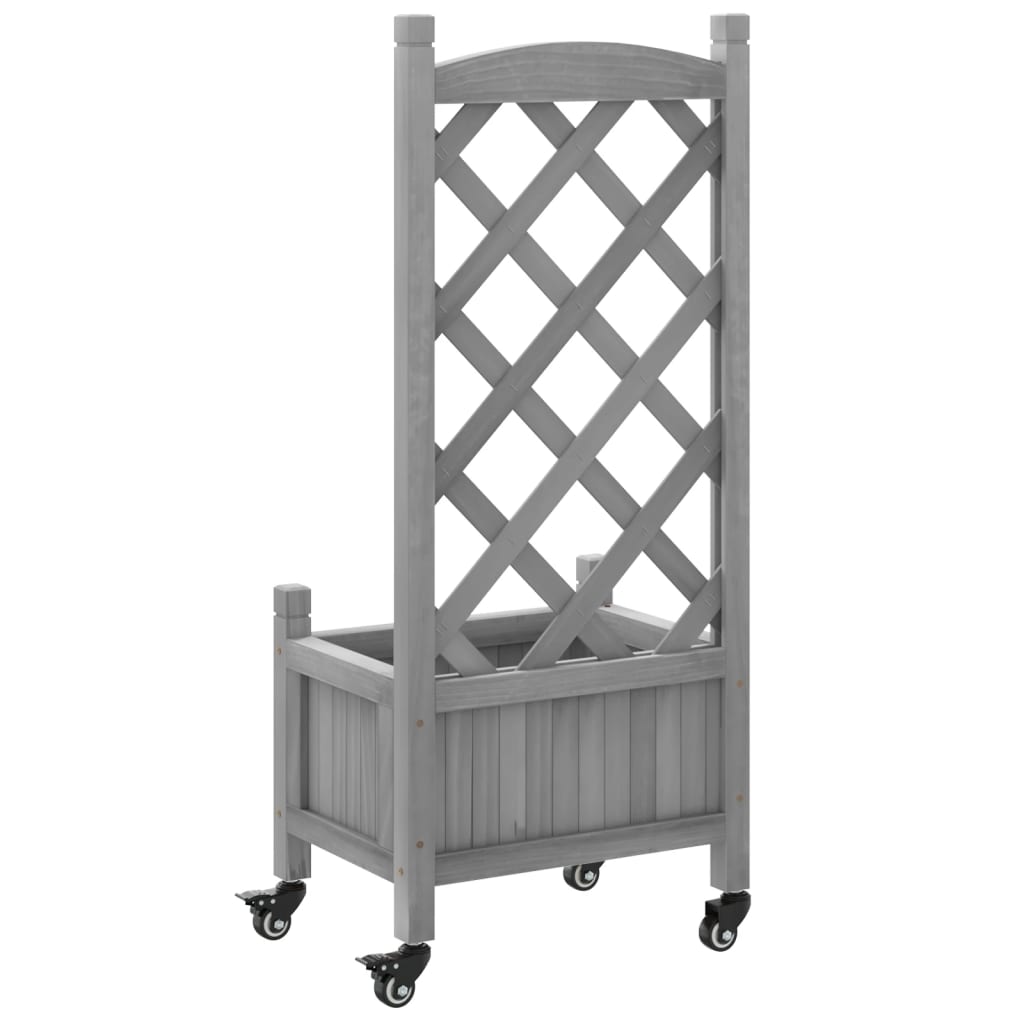 Planter with trellis and wheels gray solid fir wood