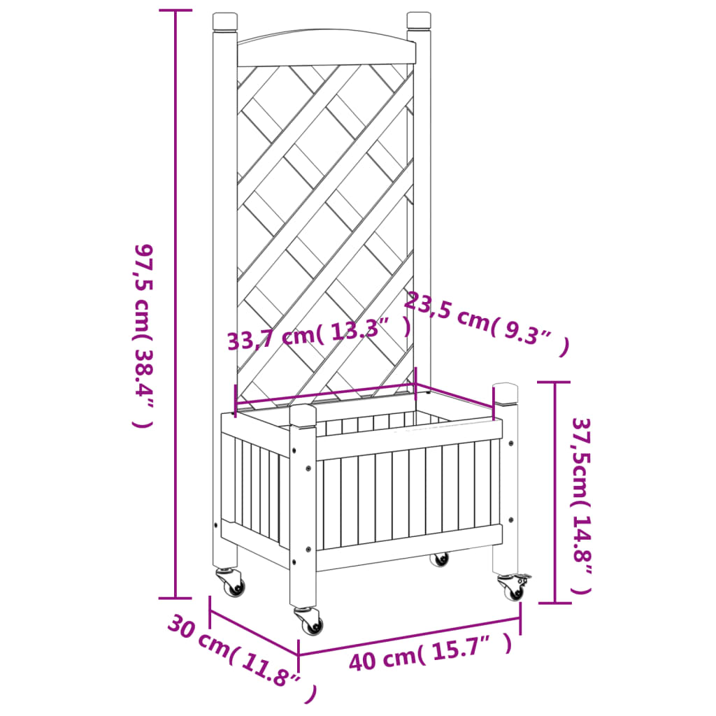 Planter with trellis and wheels gray solid fir wood