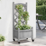 Planter with trellis and wheels gray solid fir wood