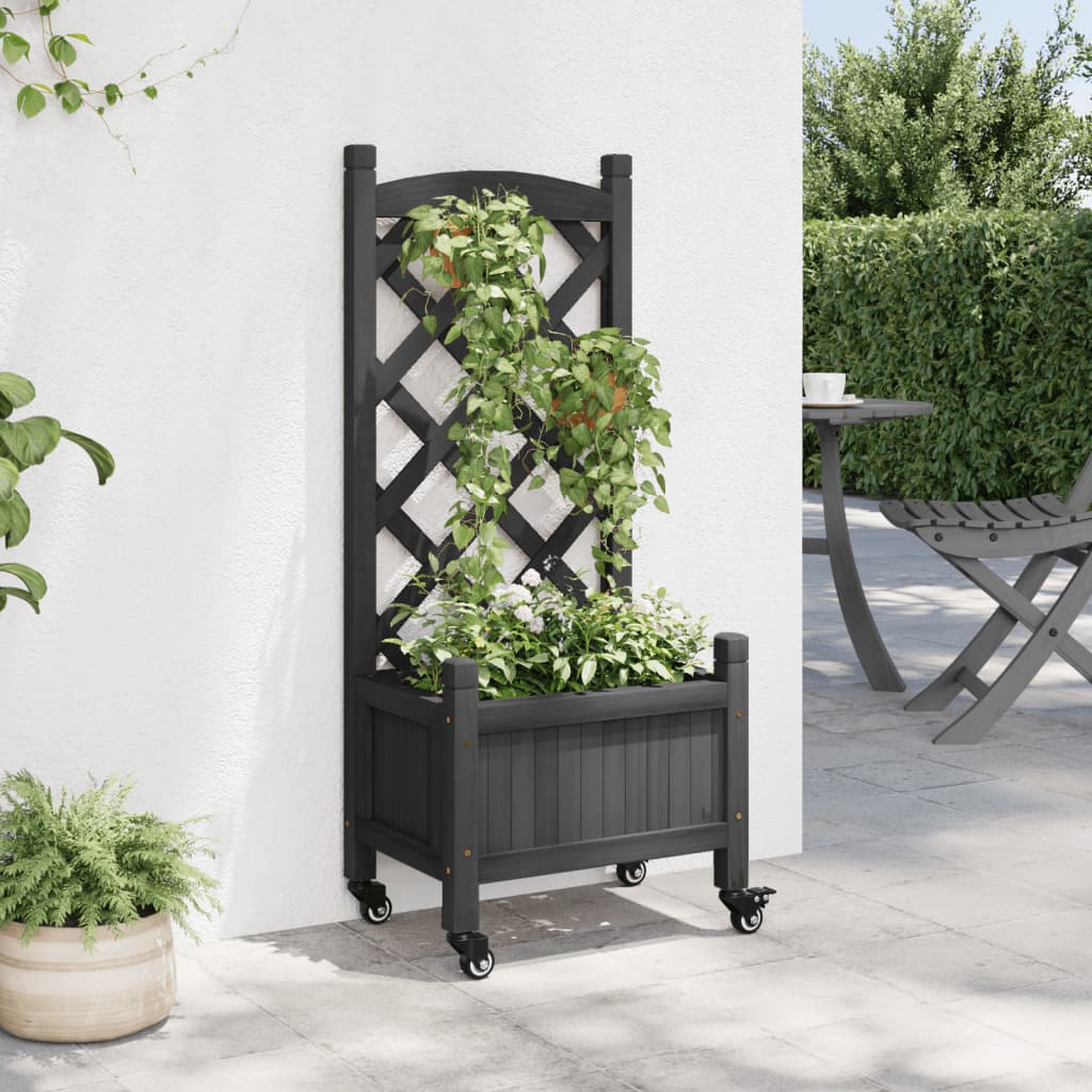 Planter with trellis and wheels gray solid fir wood