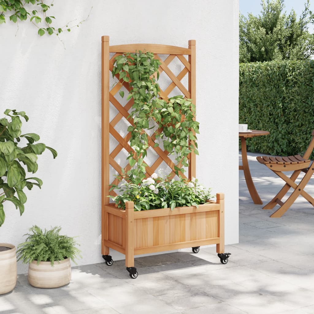 Planter with trellis and wheels brown solid fir wood