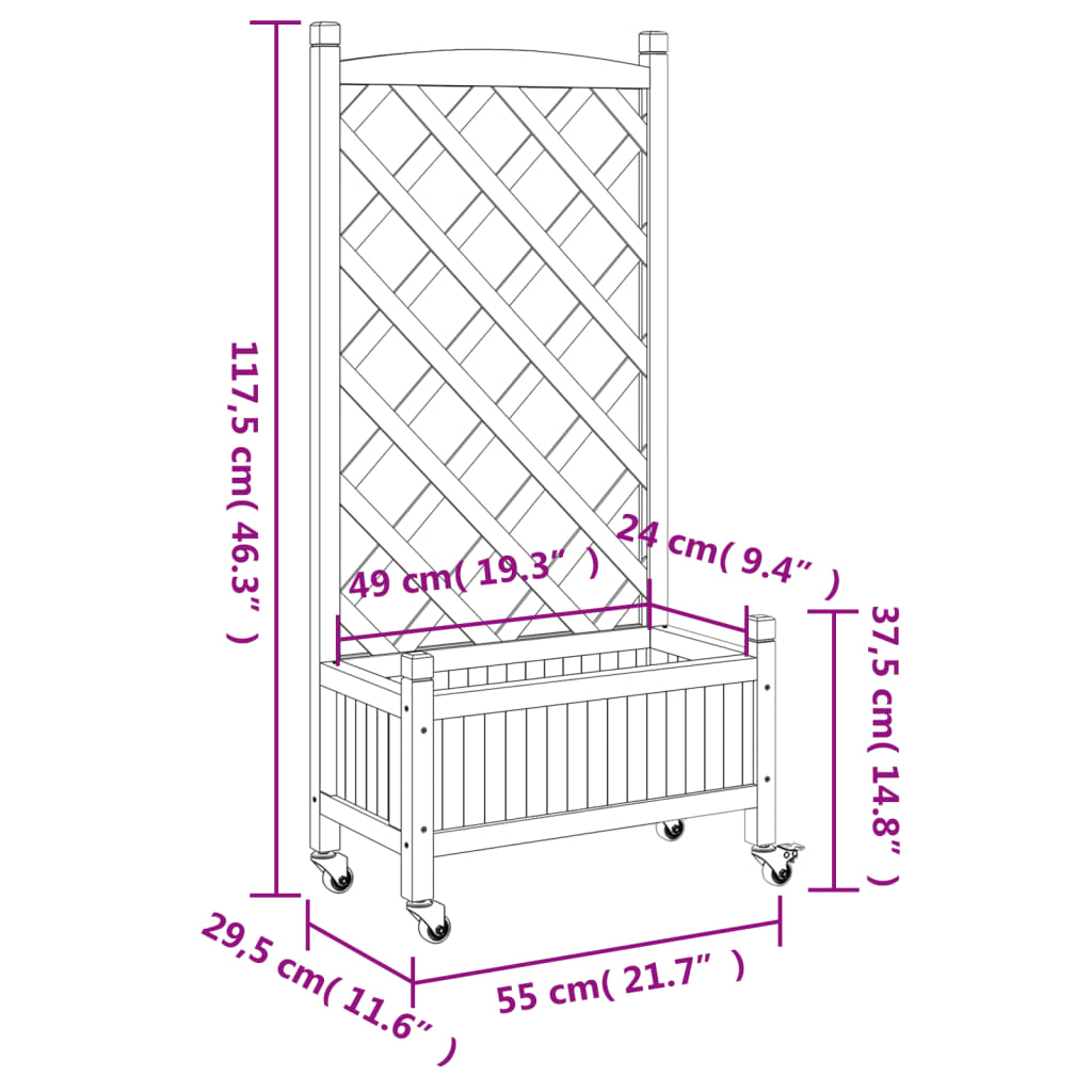 Planter with trellis and wheels brown solid fir wood