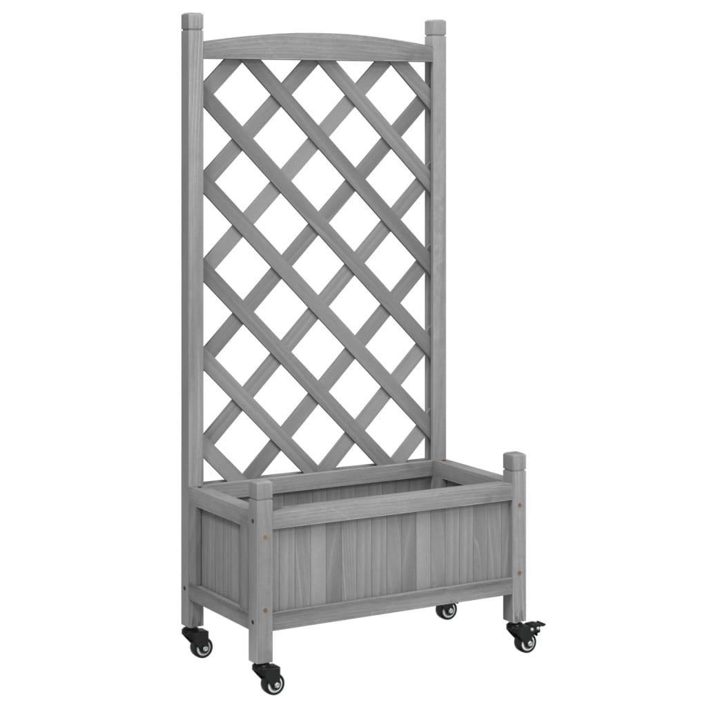 Planter with trellis and wheels gray solid fir wood