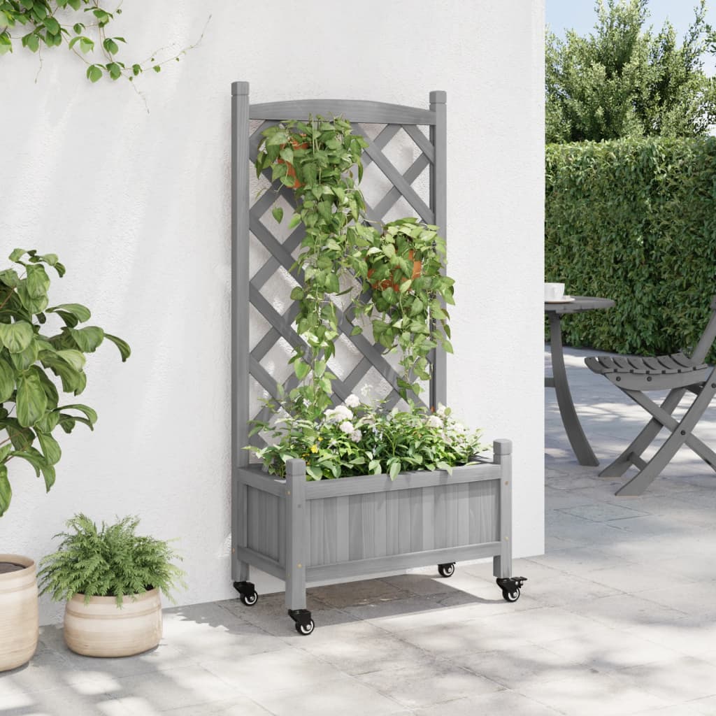 Planter with trellis and wheels gray solid fir wood