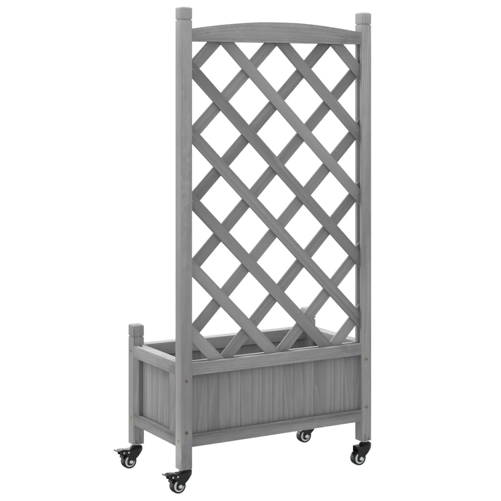 Planter with trellis and wheels gray solid fir wood