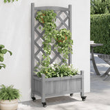 Planter with trellis and wheels gray solid fir wood