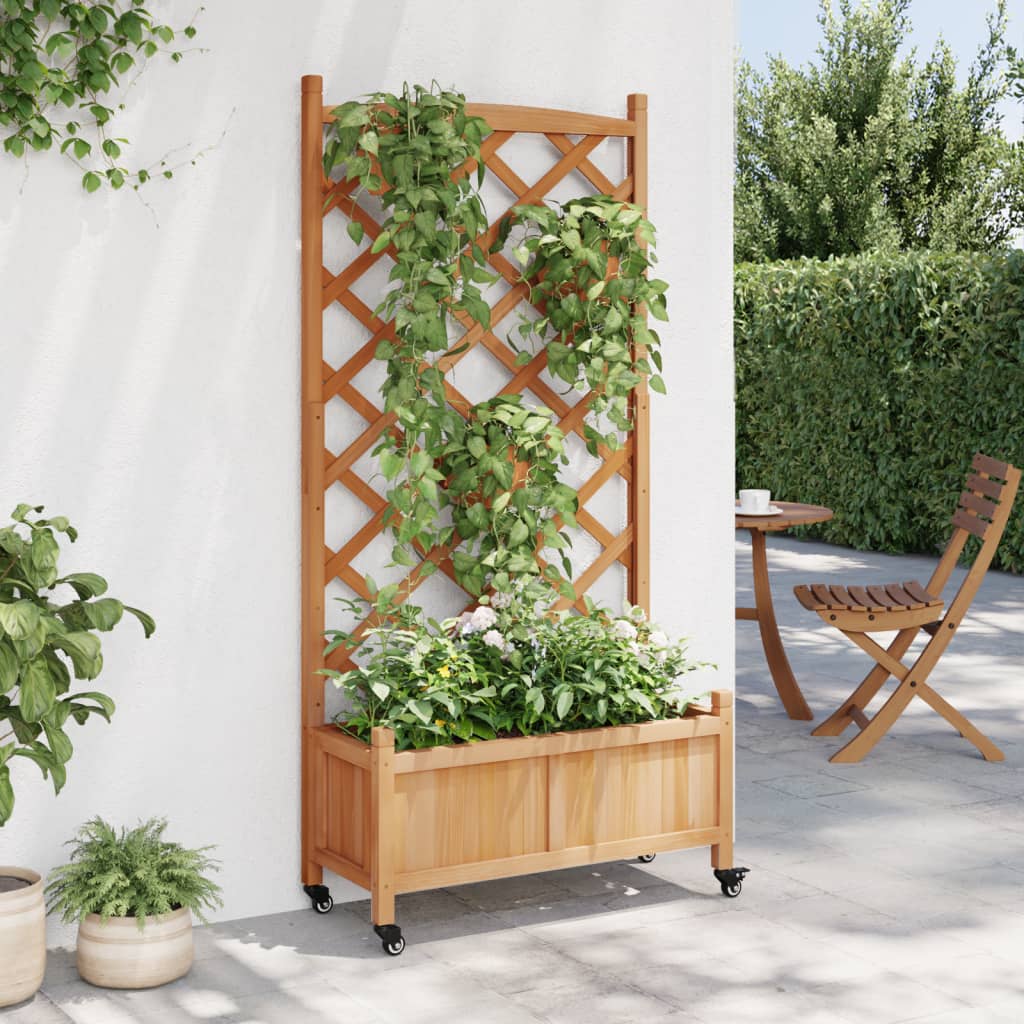 Planter with trellis and wheels brown solid fir wood