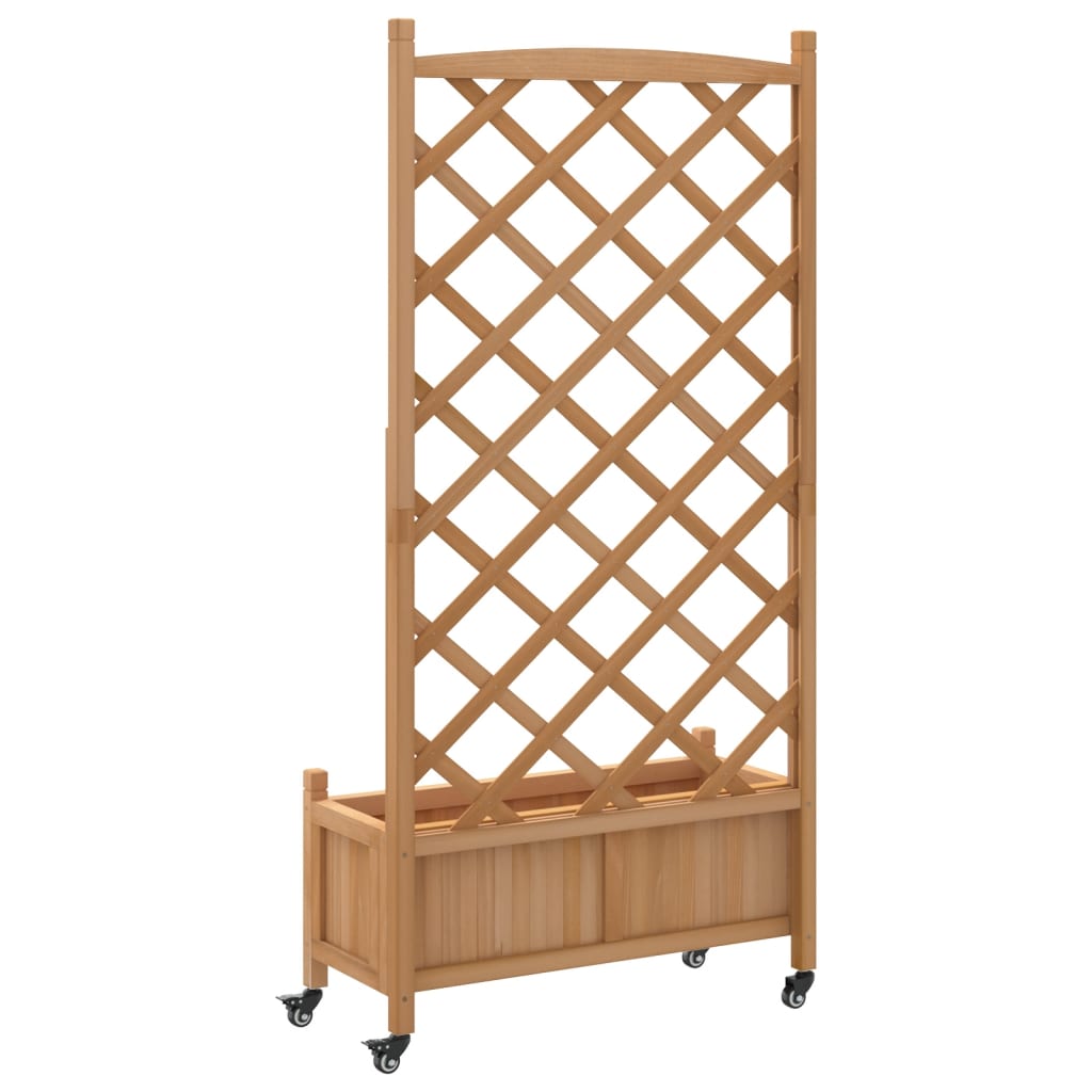 Planter with trellis and wheels brown solid fir wood