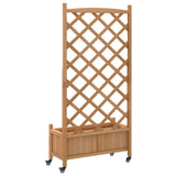 Planter with trellis and wheels brown solid fir wood