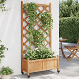 Planter with trellis and wheels brown solid fir wood