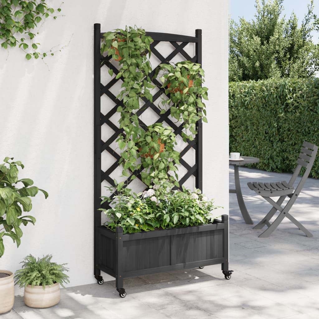 Planter with trellis and wheels black solid fir wood