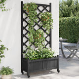 Planter with trellis and wheels black solid fir wood