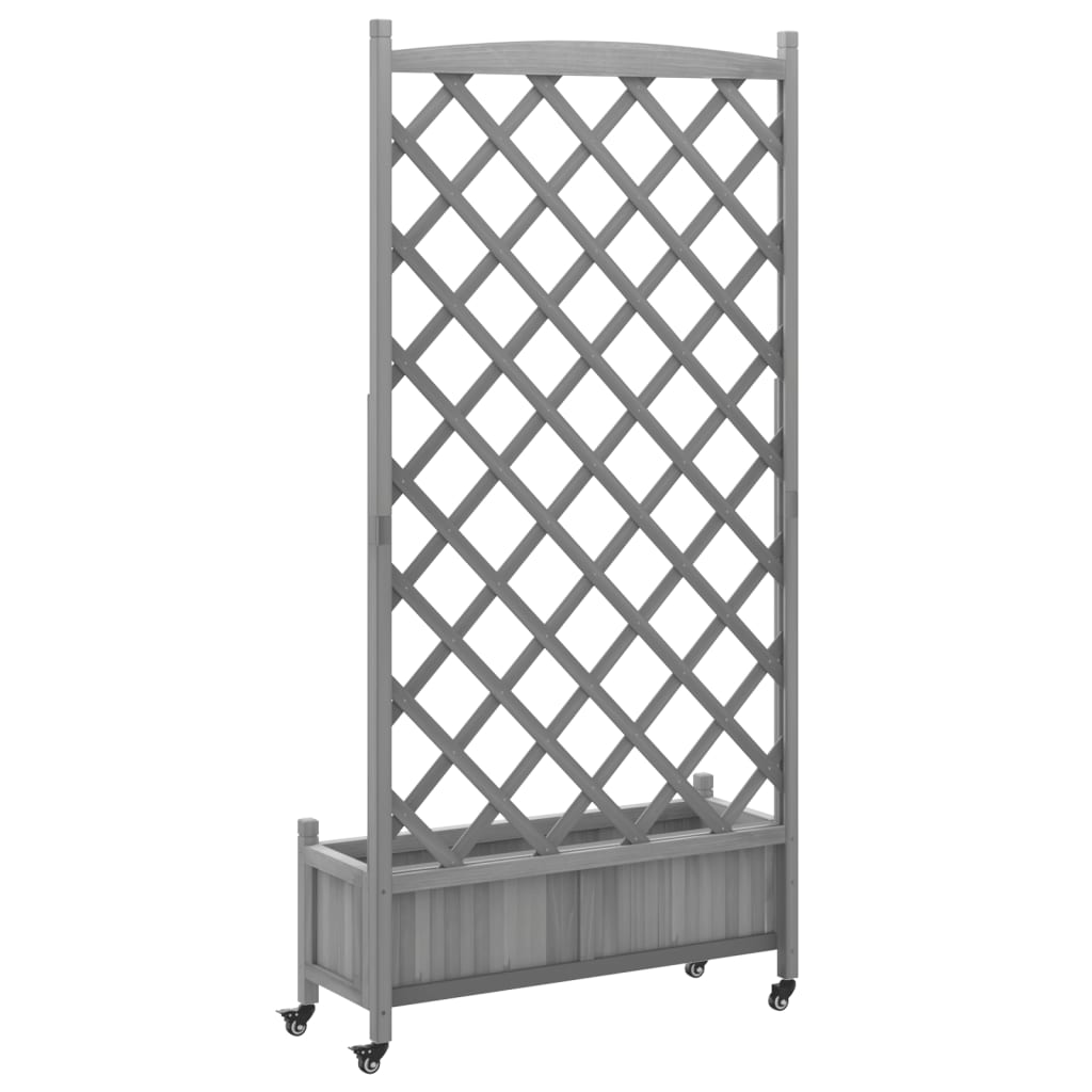 Planter with trellis and wheels gray solid fir wood