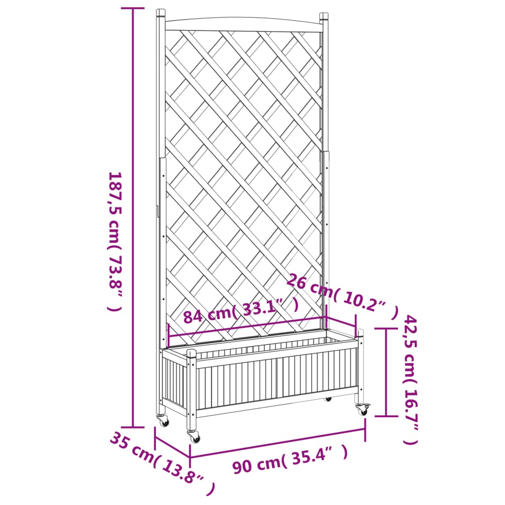 Planter with trellis and wheels gray solid fir wood