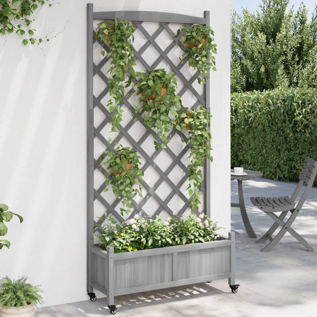 Planter with trellis and wheels gray solid fir wood