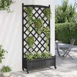 Planter with trellis and wheels black solid fir wood