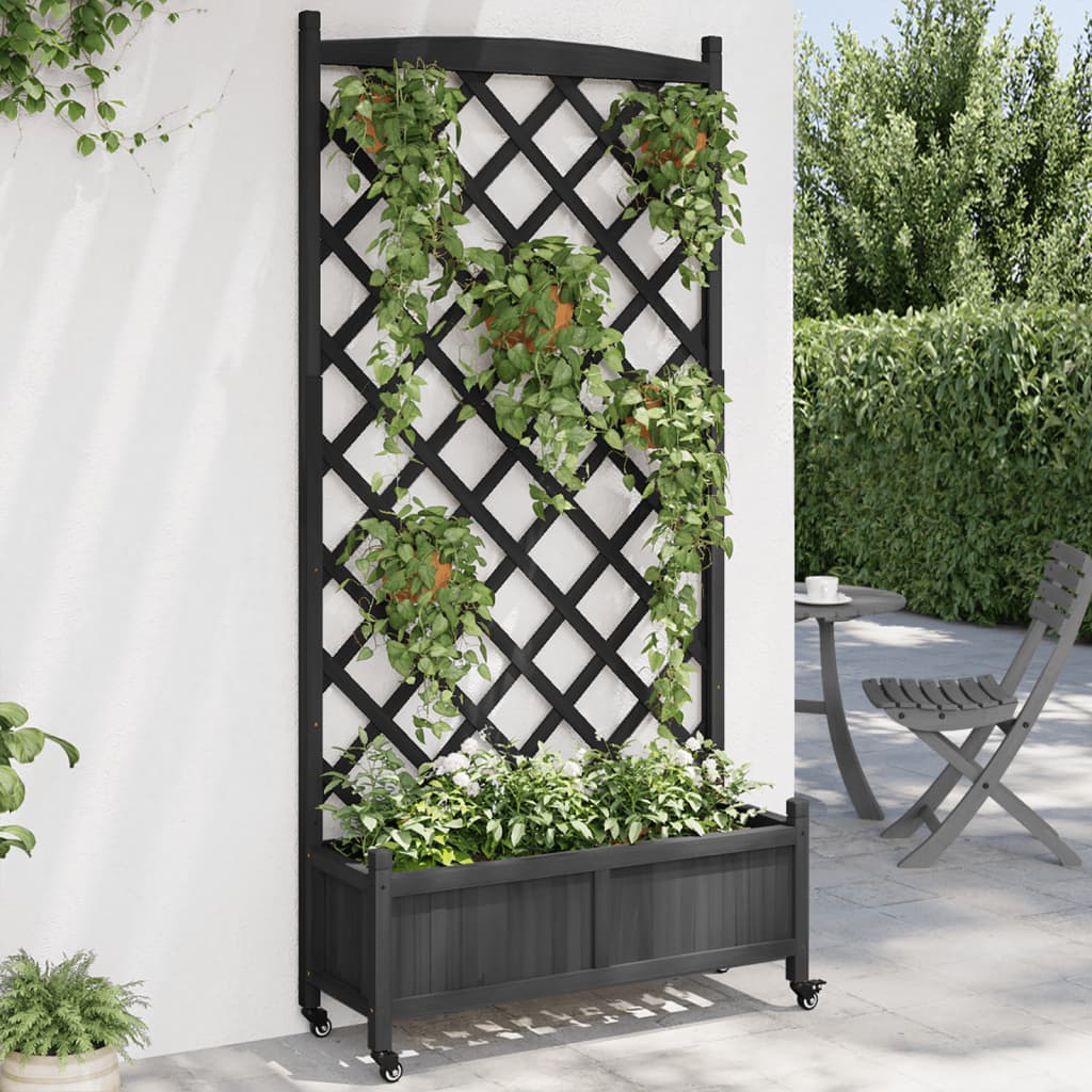 Planter with trellis and wheels black solid fir wood