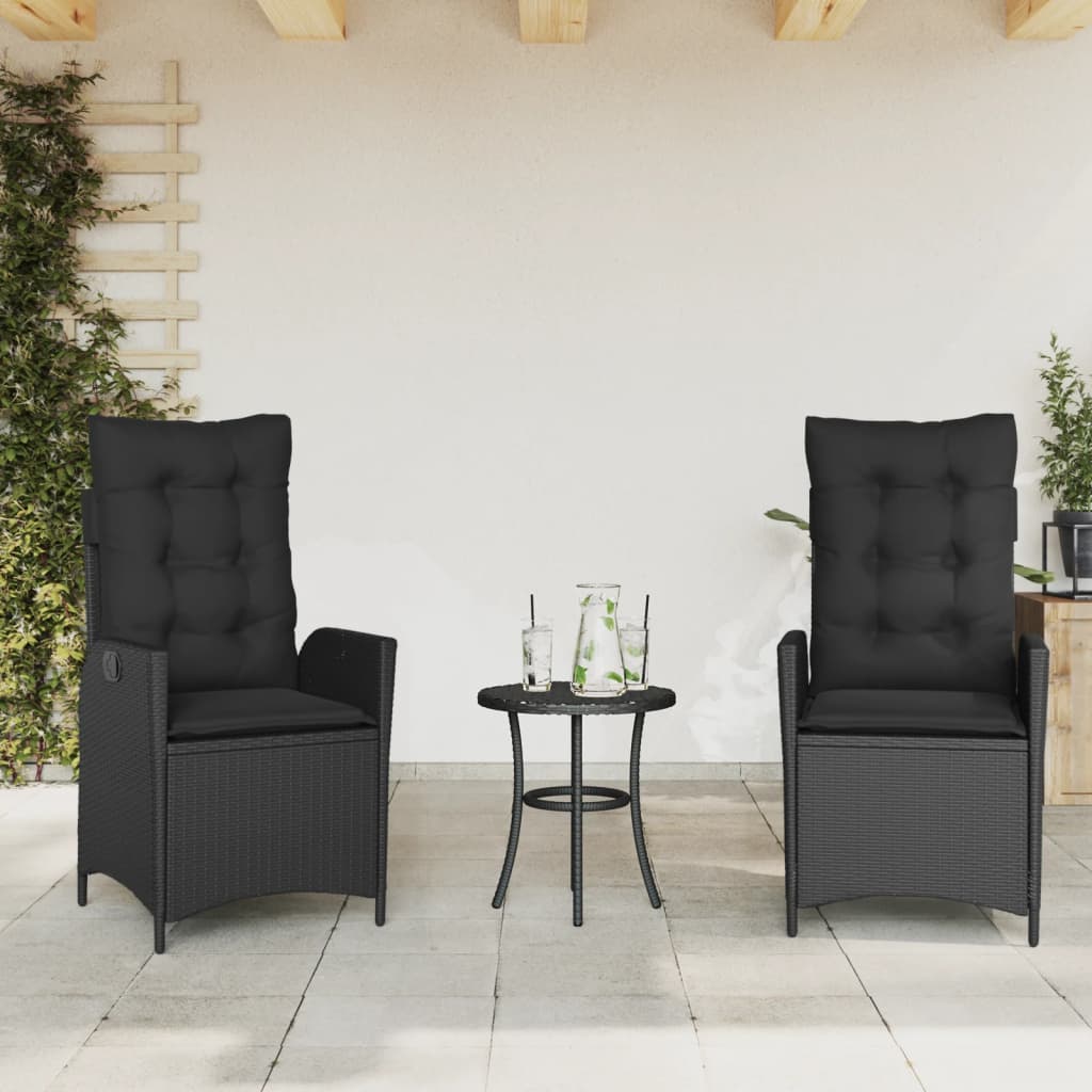 Chaises inclinables de jardin lot de 2 et coussins noir rotin