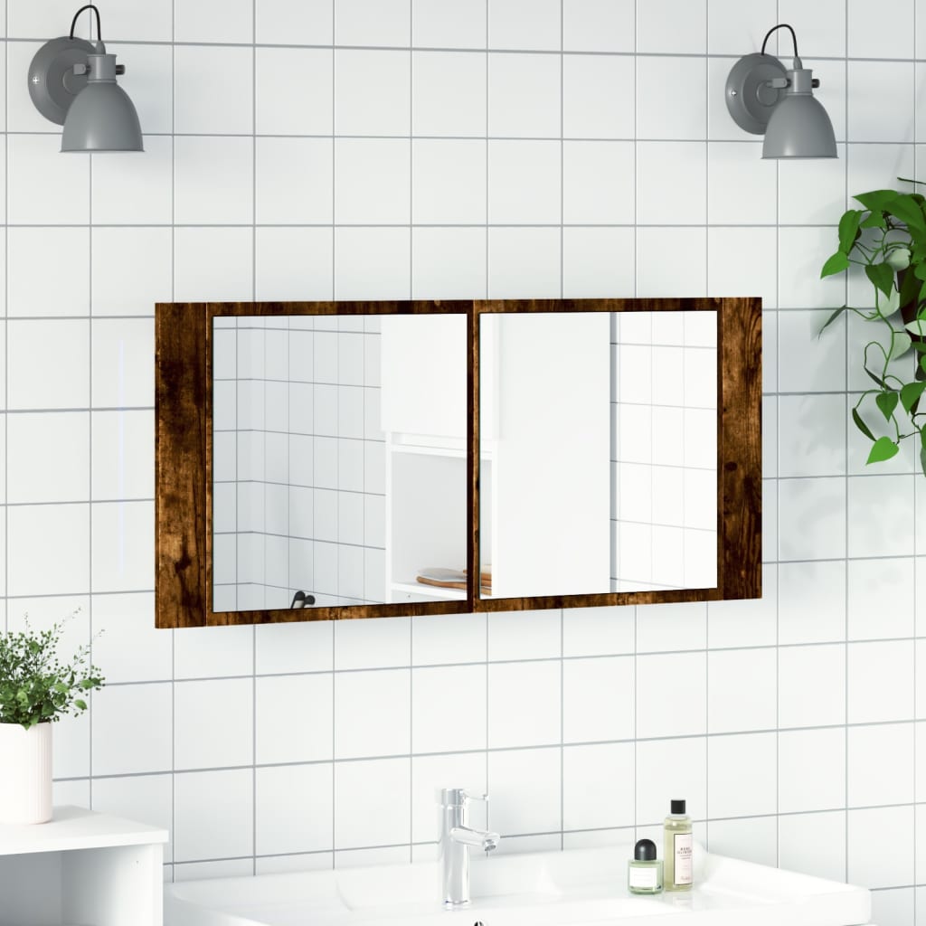 Armoire à miroir à LED de bain chêne fumé 100x12x45 cm