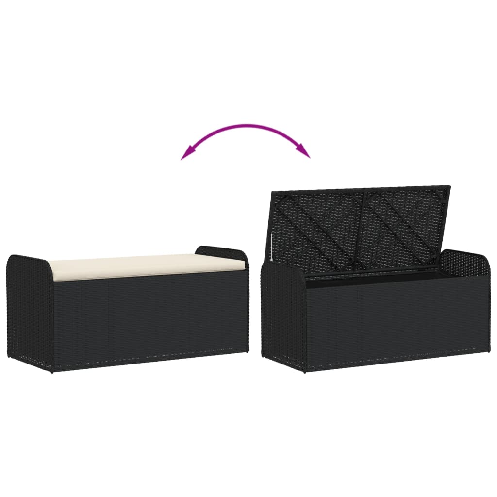 Banc de rangement avec coussin noir 115x51x52 cm résine tressée