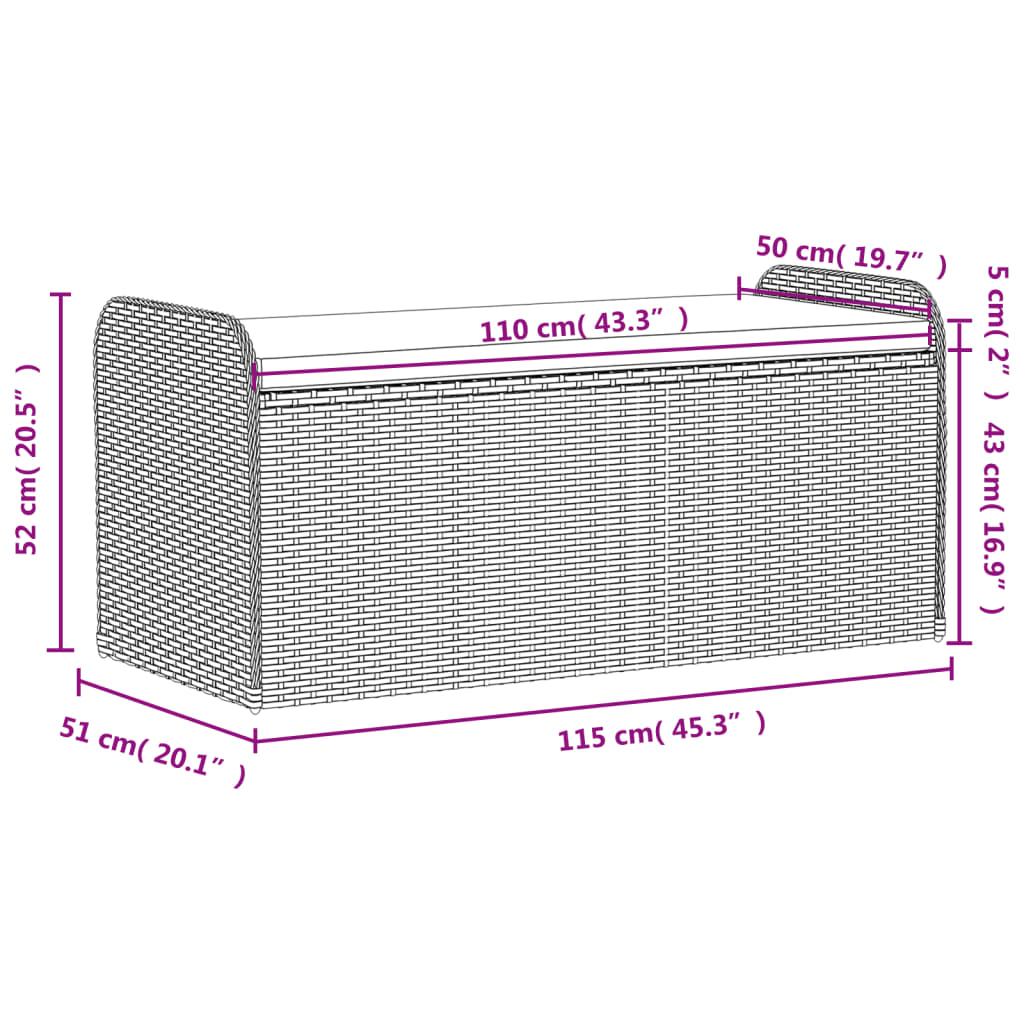 Banc de rangement avec coussin noir 115x51x52 cm résine tressée