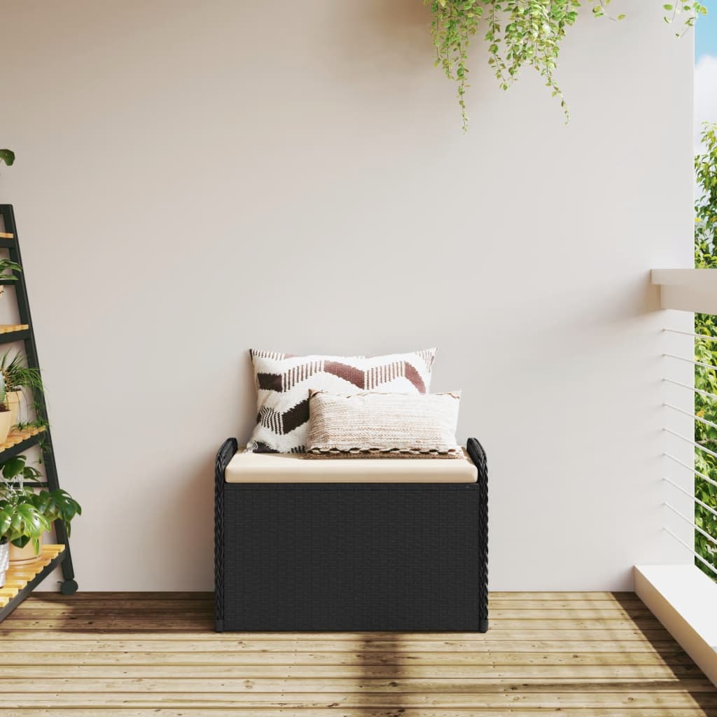 Banc de rangement avec coussin noir 80x51x52 cm résine tressée