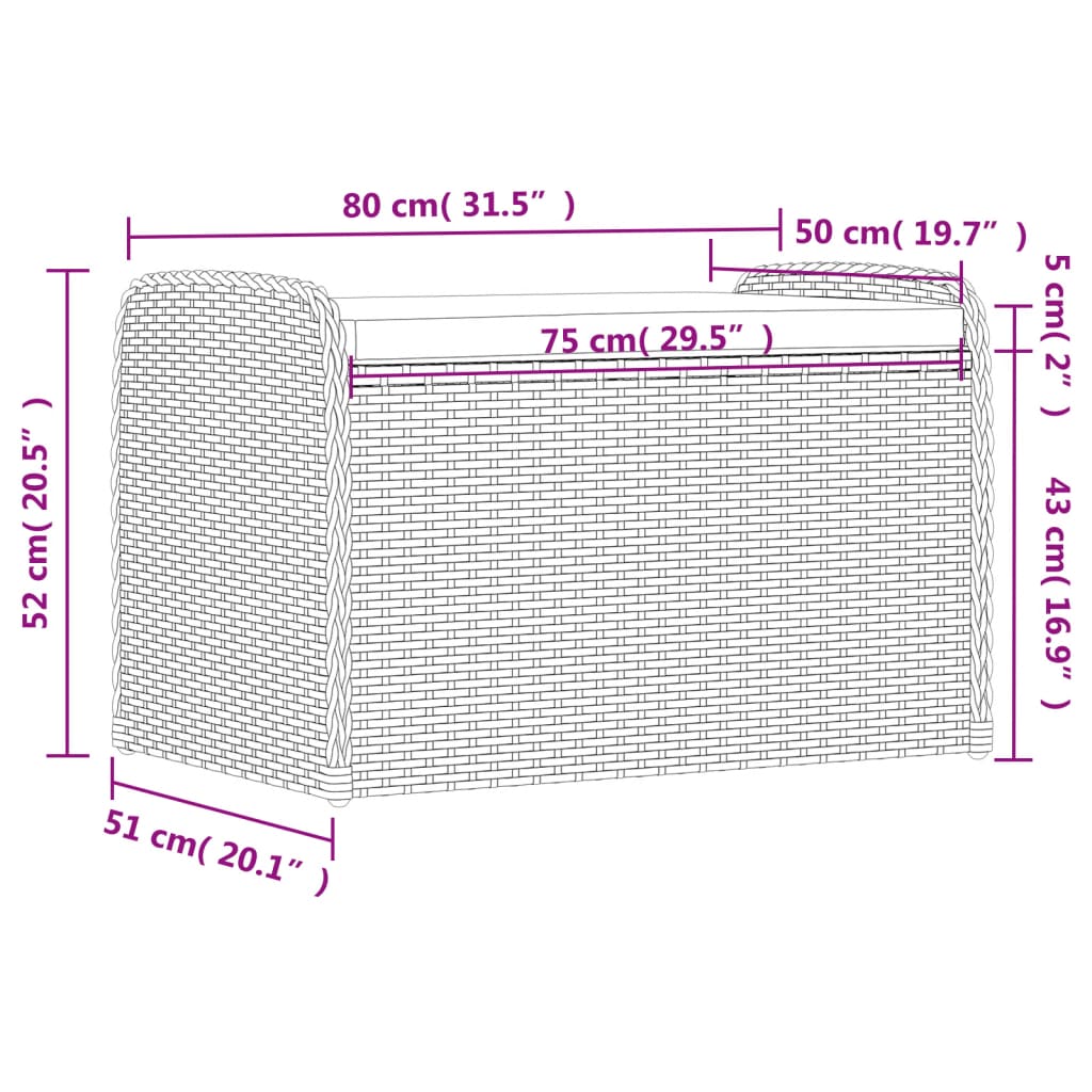 Banc de rangement avec coussin noir 80x51x52 cm résine tressée