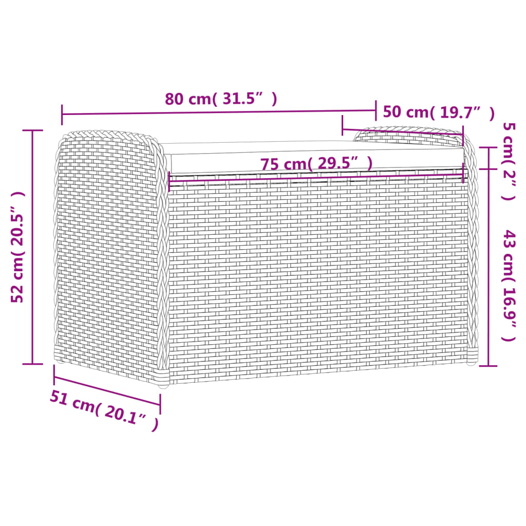 Banc de rangement avec coussin gris 80x51x52 cm résine tressée