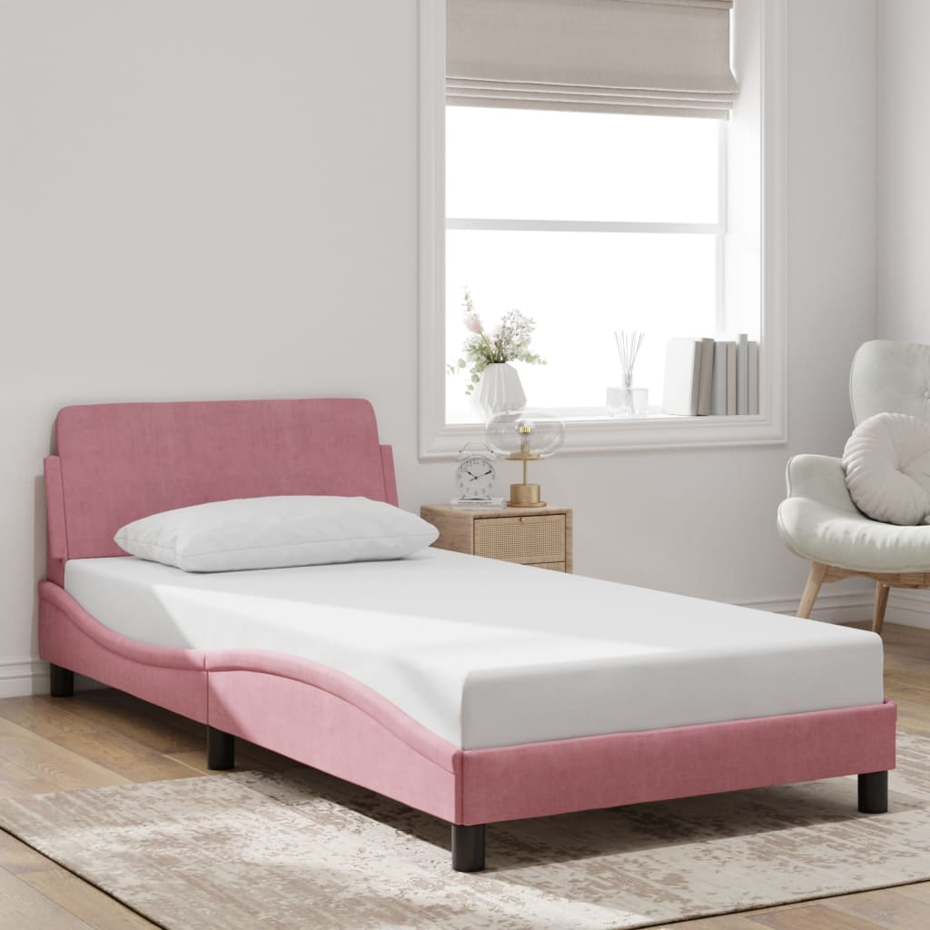 Cadre de lit et tête de lit sans matelas rose 100x200cm velours