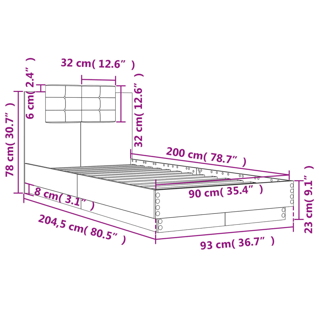 Cadre de lit sans matelas gris béton 90x200 cm