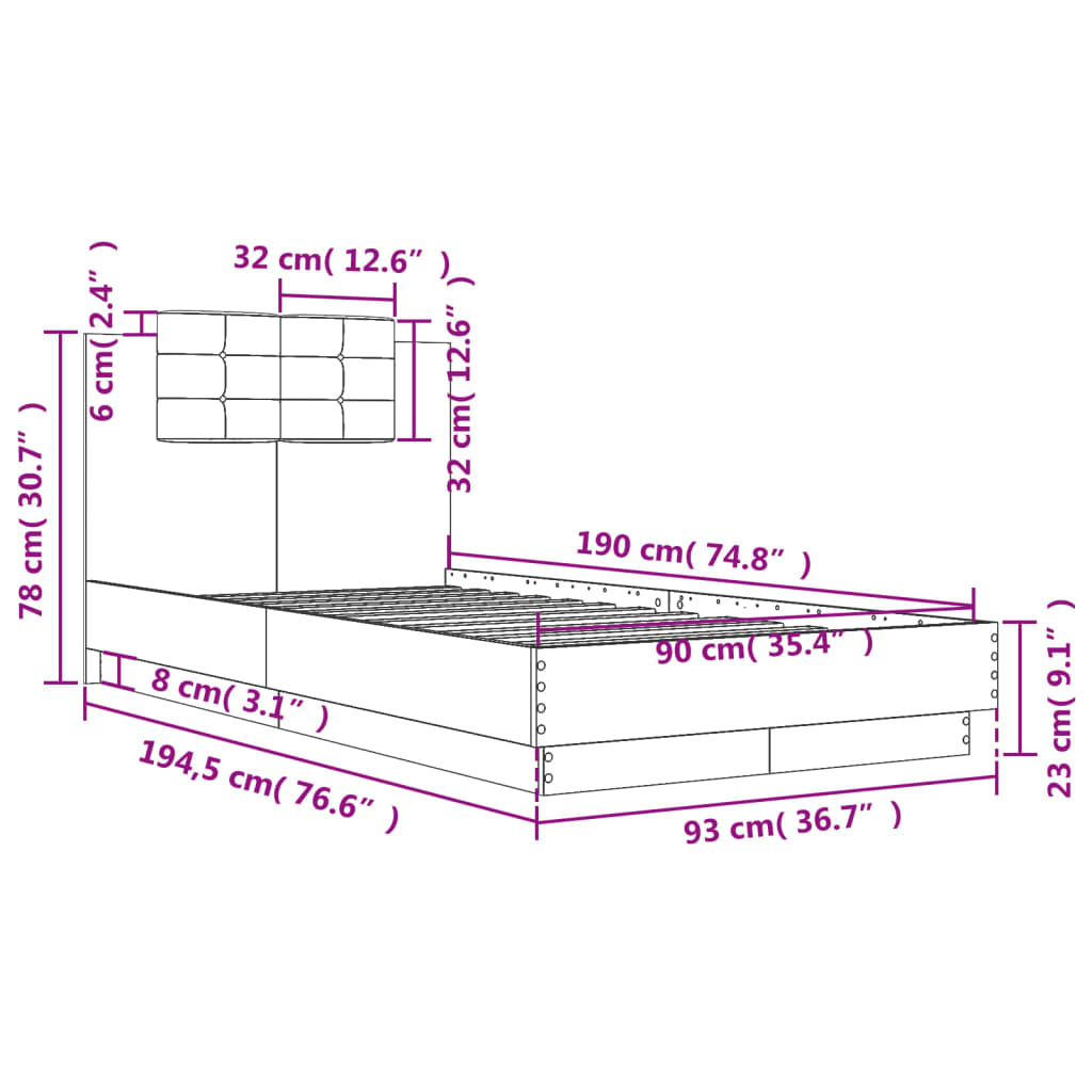 Cadre de lit sans matelas chêne fumé 90x190 cm