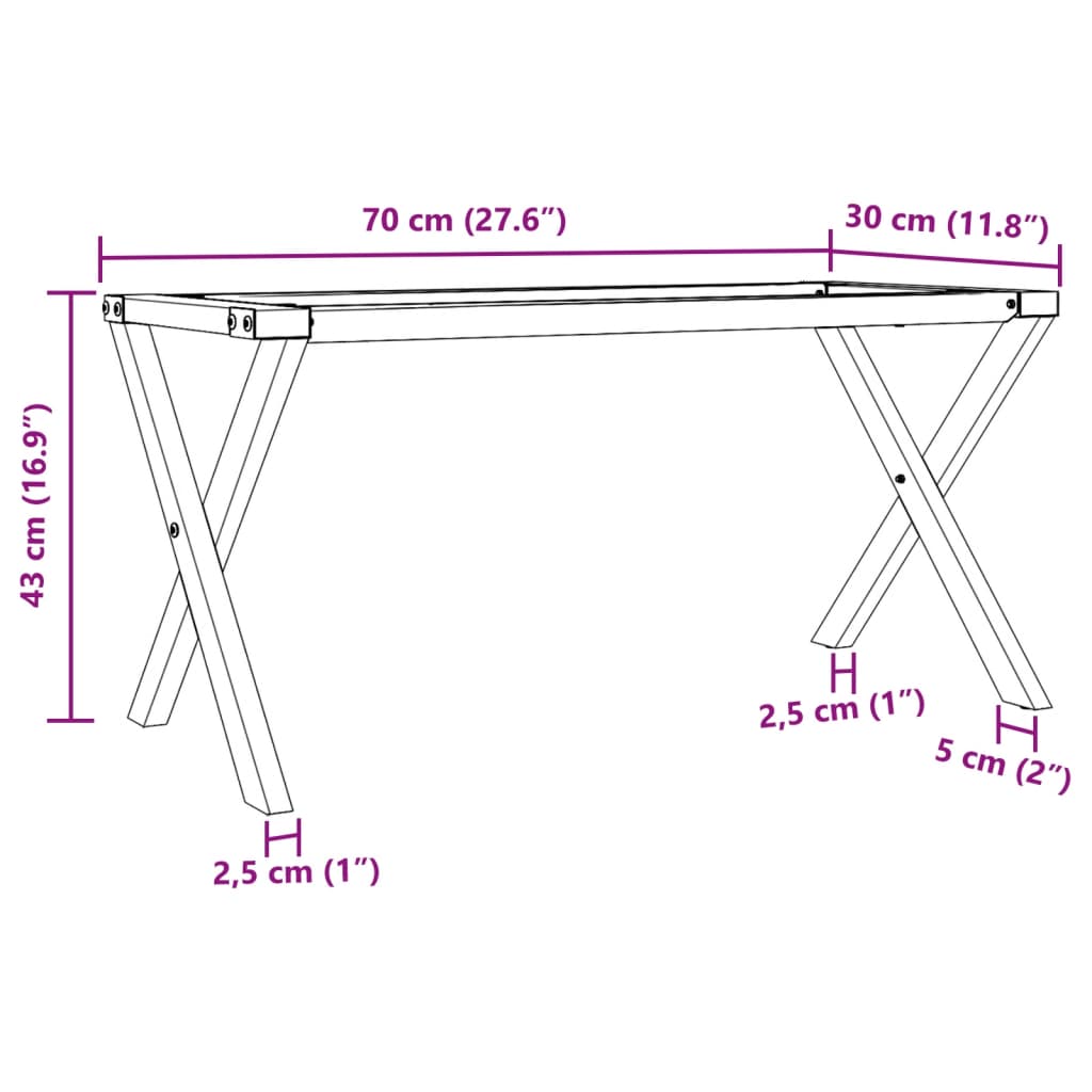 Coffee table legs X frame 70x30x43 cm steel