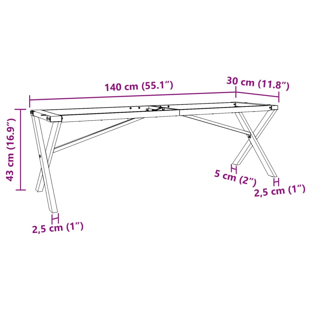 Pieds de table basse cadre en X 140x30x43 cm acier