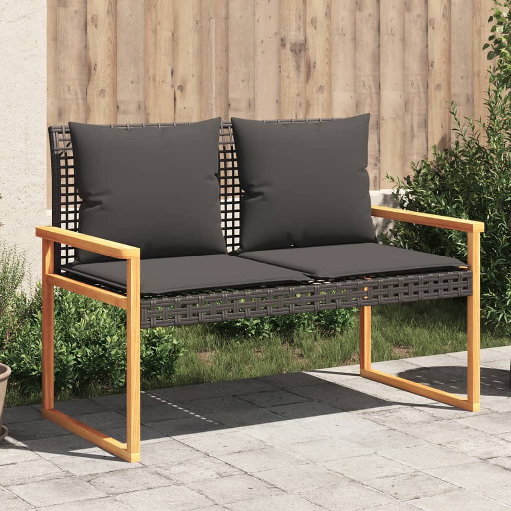 Banc de jardin avec coussin noir résine tressée et acacia