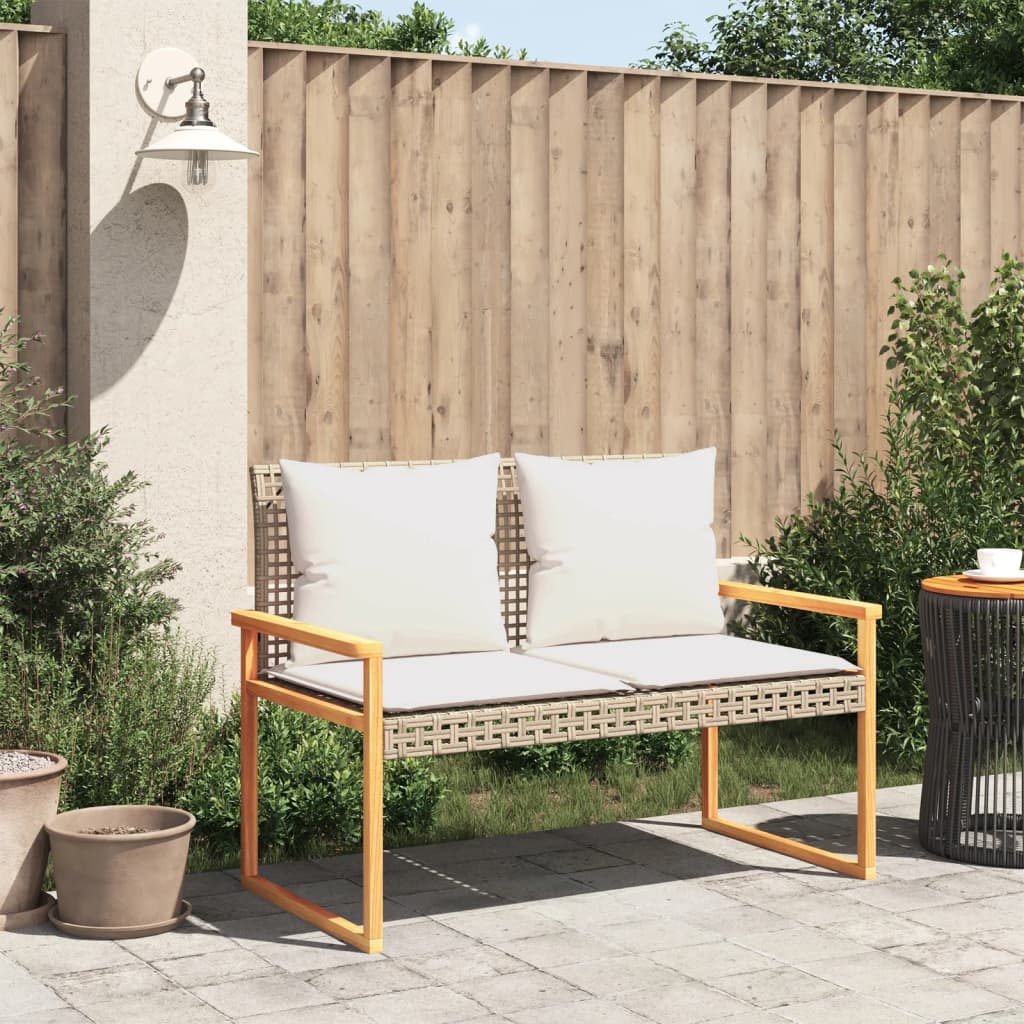 Banc de jardin avec coussin mélange beige résine tressée acacia